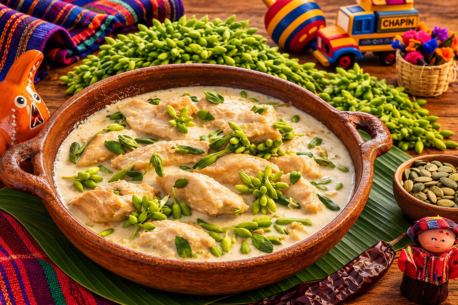 Chicken with loroco in cream sauce served in a traditional clay bowl